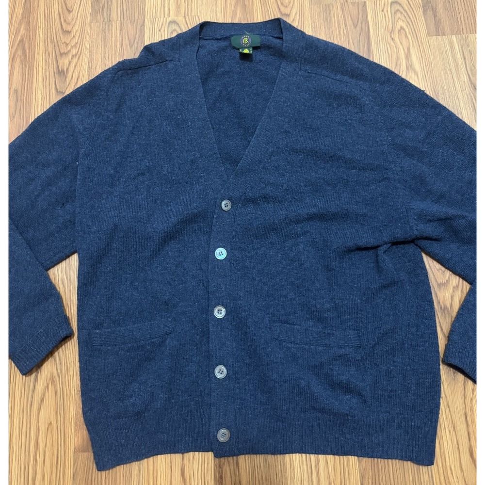 Club Room Mens Small 100% Lambswool Cardigan Sweater Navy V-Neck Grandpa